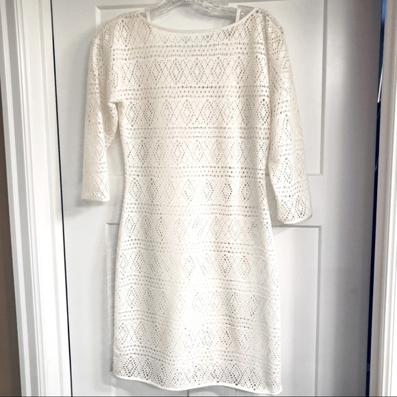 EXPRESS Crochet Eyelet White &‎ Cream Quarter Sleeved Lined Dress SZ SMALL EUC - Picture 2 of 8